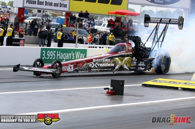 Spencer Massey needed a stroke of luck (and bad luck for quad-quickest Morgan Lucas) in his holeshot win in the other Top Fuel semi. Brandon Bernstein also found himself on the positive side of Morgan's sleepy light.