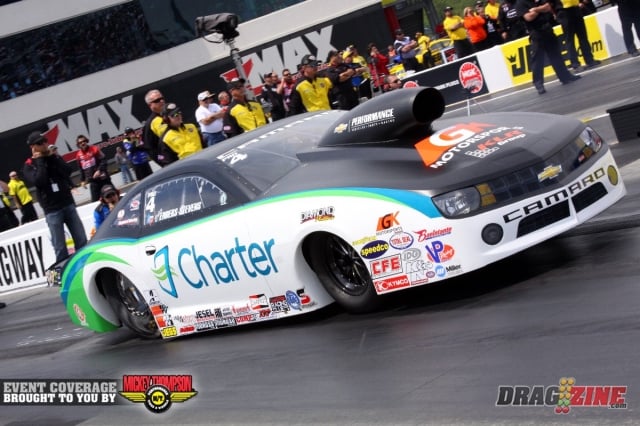 In the last quad of Pro Stock's first round, Erica Enders-Stevens carded a 6.535 to move on; Shane Gray became the third driver to crack the 6.40's and move on as well. Warren Johnson was out of it early and it appeared that Greg Stanfield had a mechanical malfunction up top.