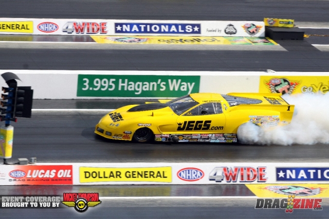 Troy Coughlin turned in his second-quickest run of the day against Kenny Lang in the final round of Pro Mod. A .053 reaction time got him out of the gates four hundredths ahead of Kenny Lang, and he needed every bit of it as Coughlin's 5.893 at 242.19 MPH barely outran Lang's .087/5.898/246.98 blast. A great showing for the Jeg's Corvette. Crew chief Bryan Metzenheim had the car on rails all weekend long.