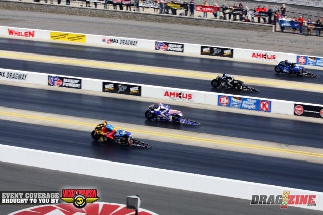 We had to wait until the scoreboards flashed in the Pro Stock Motorcycle final round to see who won - it was that close through the traps, Hector Arana Jr. went wire-to-wire, qualifying number one and sealing the deal today over 2012 class champ Eddie Krawiec.