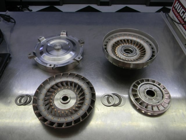 An exploded view of our custom Pro Series torque converter, which is part of Hughes' Heads-Up Radial Tire series of torque converters lineup. A unique impeller and stator design caters these to fast, limited-tire cars.