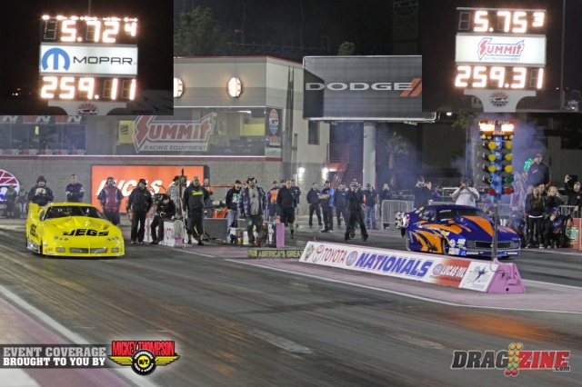 It was an absolutely insane round in Outlaw Pro Mod. Pro Line Racing teammates Troy Coughlin and Eric Dillard met up in the semifinal round, and for the first time this weekend, Troy ran a quicker elapsed time over Dillard to take the win. 